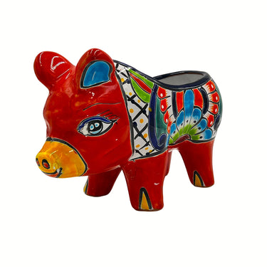 Mexican Talavera Piggy Planter Pot Hand Painted - Red Trim